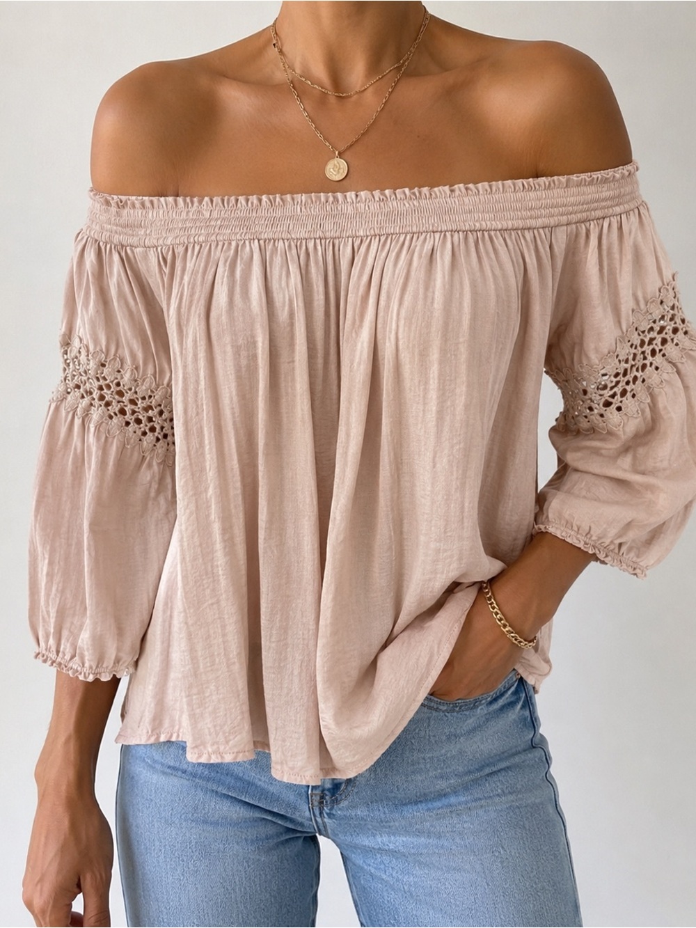 Jennifer Lopez Blush Off-Shoulder Crochet Sleeve